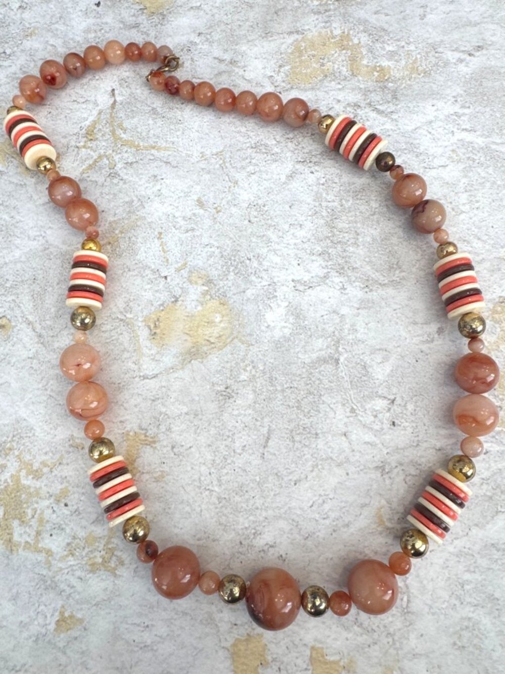 Funky Retro 1970s Vintage Chunky Beaded Necklace Orange Brown Cream